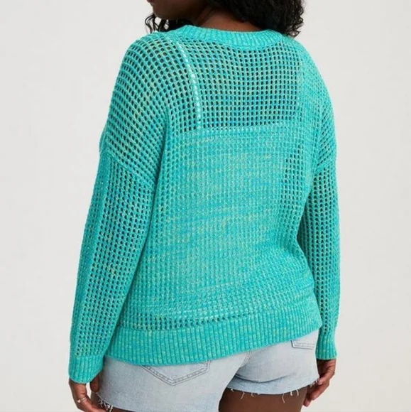 Torrid Open Stitch Pull Over Sweater V Neck Aqua 4XL - Picture 4 of 8